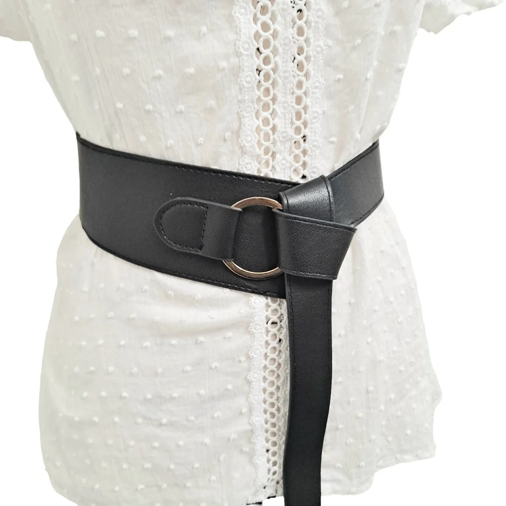 Black Wide Waist Belt with Gold Ring Accent